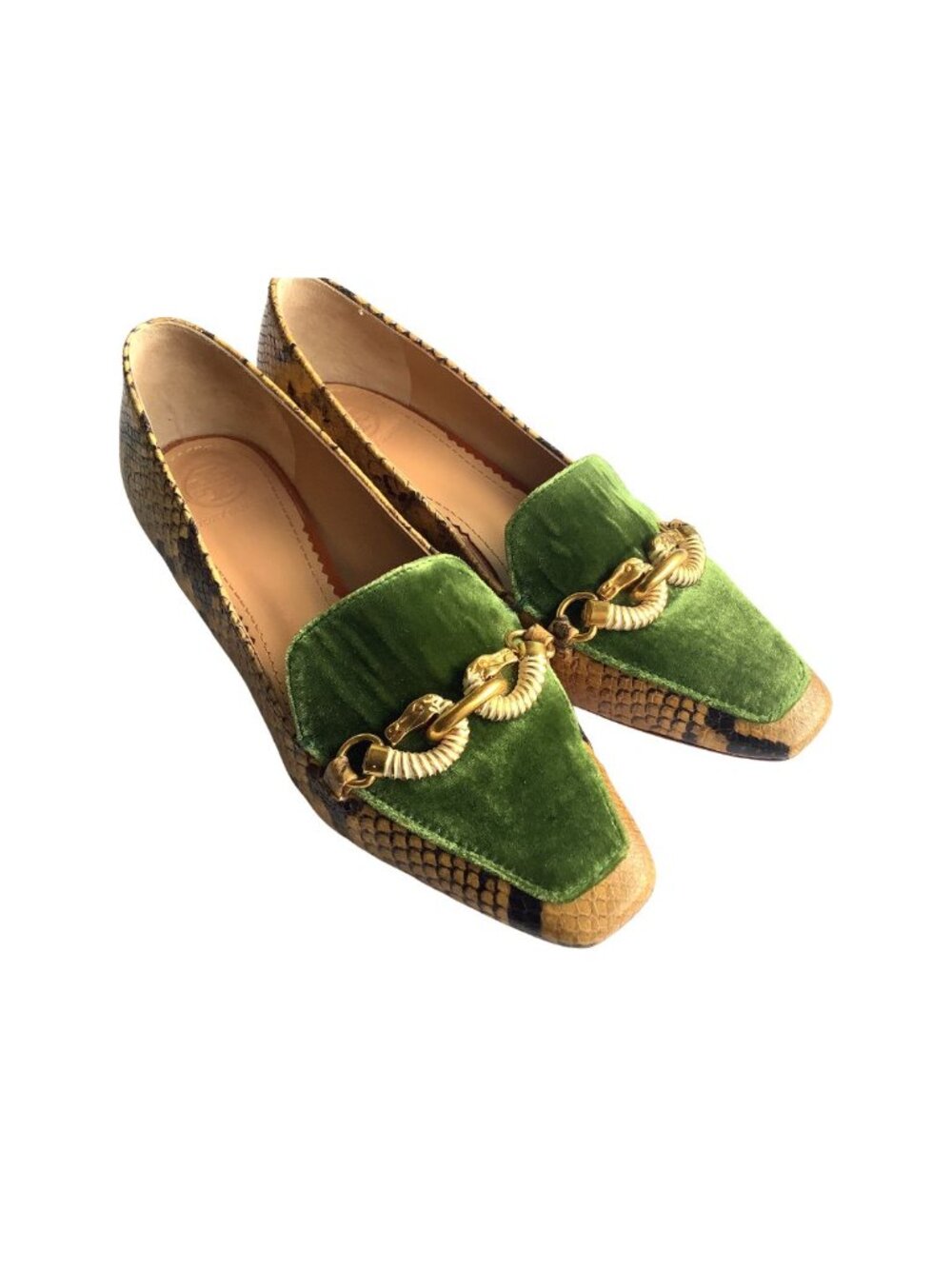 Tory Burch Jessa Loafers Python Green Velvet Size 7.5